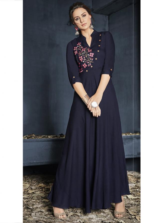 Rayon Blue Festival Wear Embroidery Work Readymade Long Kurti